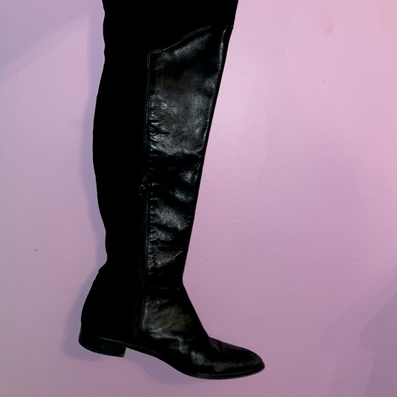 Black over the knee high half leather flat boots - Picture 1 of 5